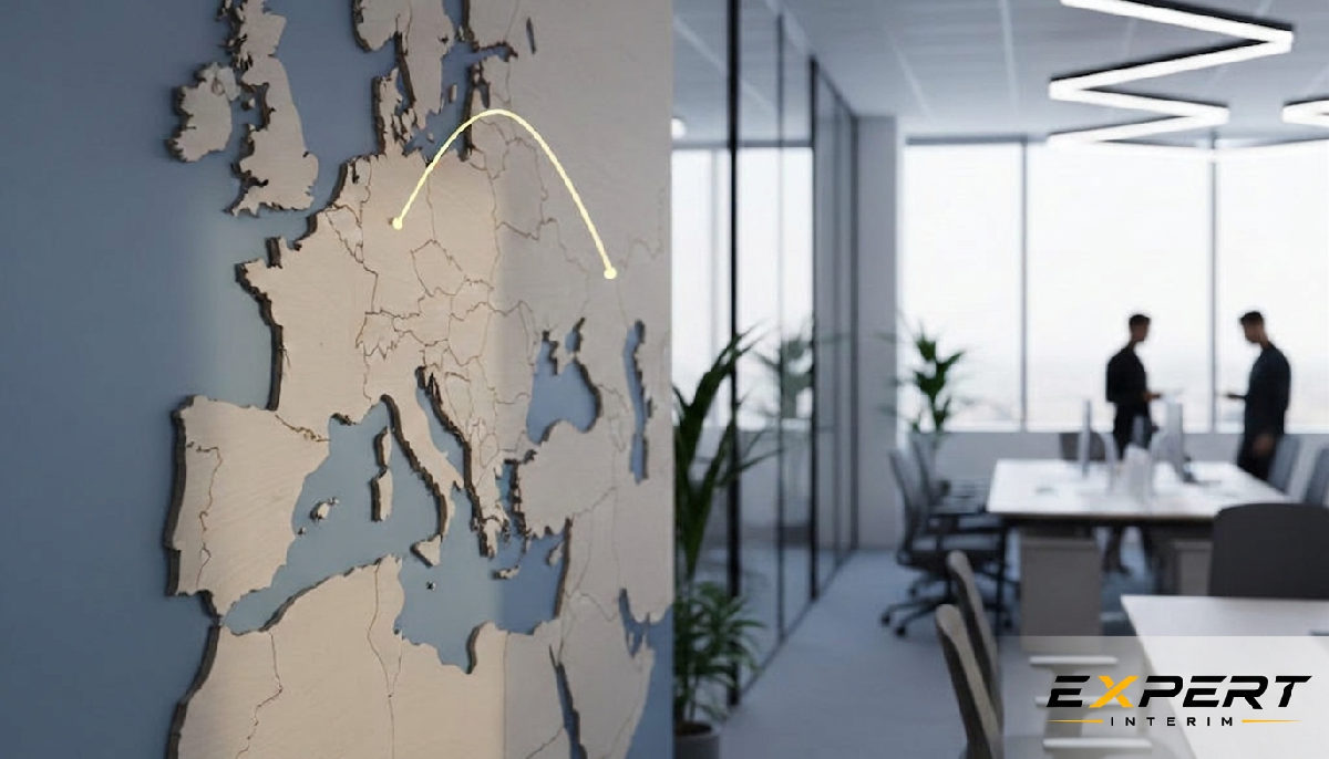 Vue d'un bureau montrant la connexion Roumanie-Marseille sur une carte de l'Europe.