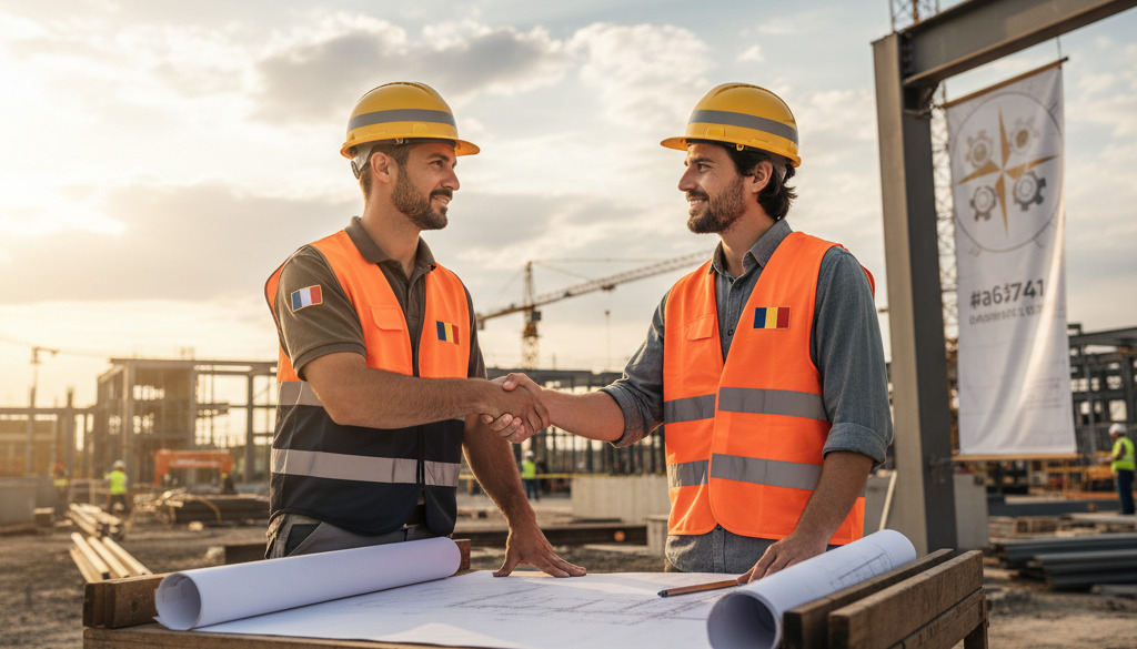 Responsables de chantier français et roumains discutant des plans.
