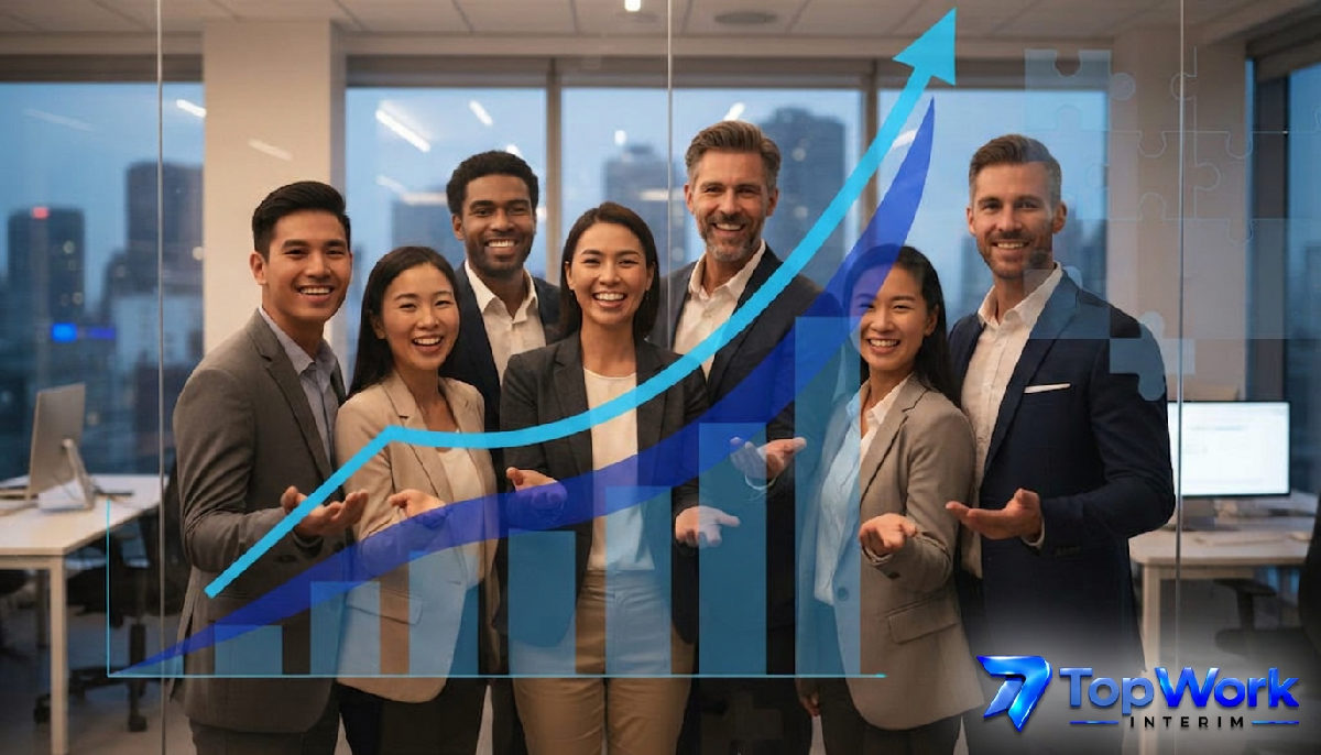 Une équipe multiculturelle souriante et un graphique de performance.
