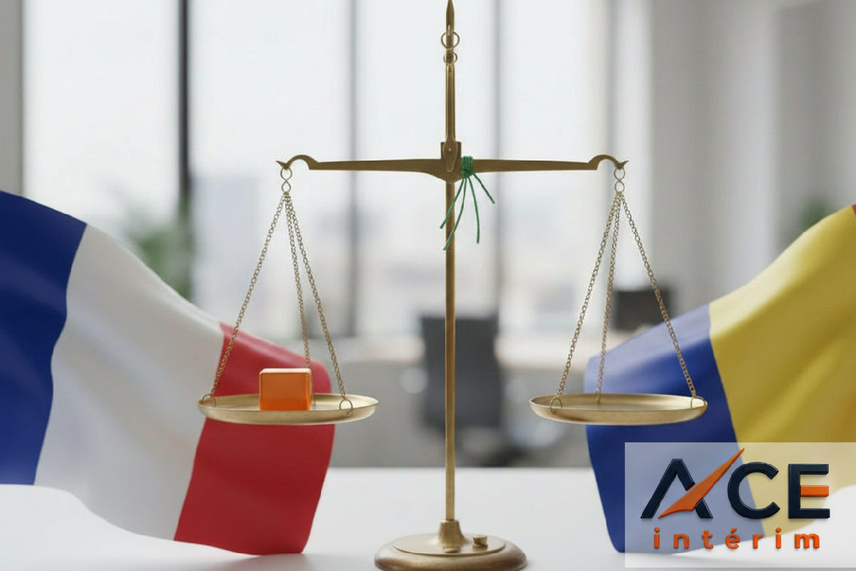 Drapeaux français et roumain, balance symbolisant la conformité et l'égalité salariale.