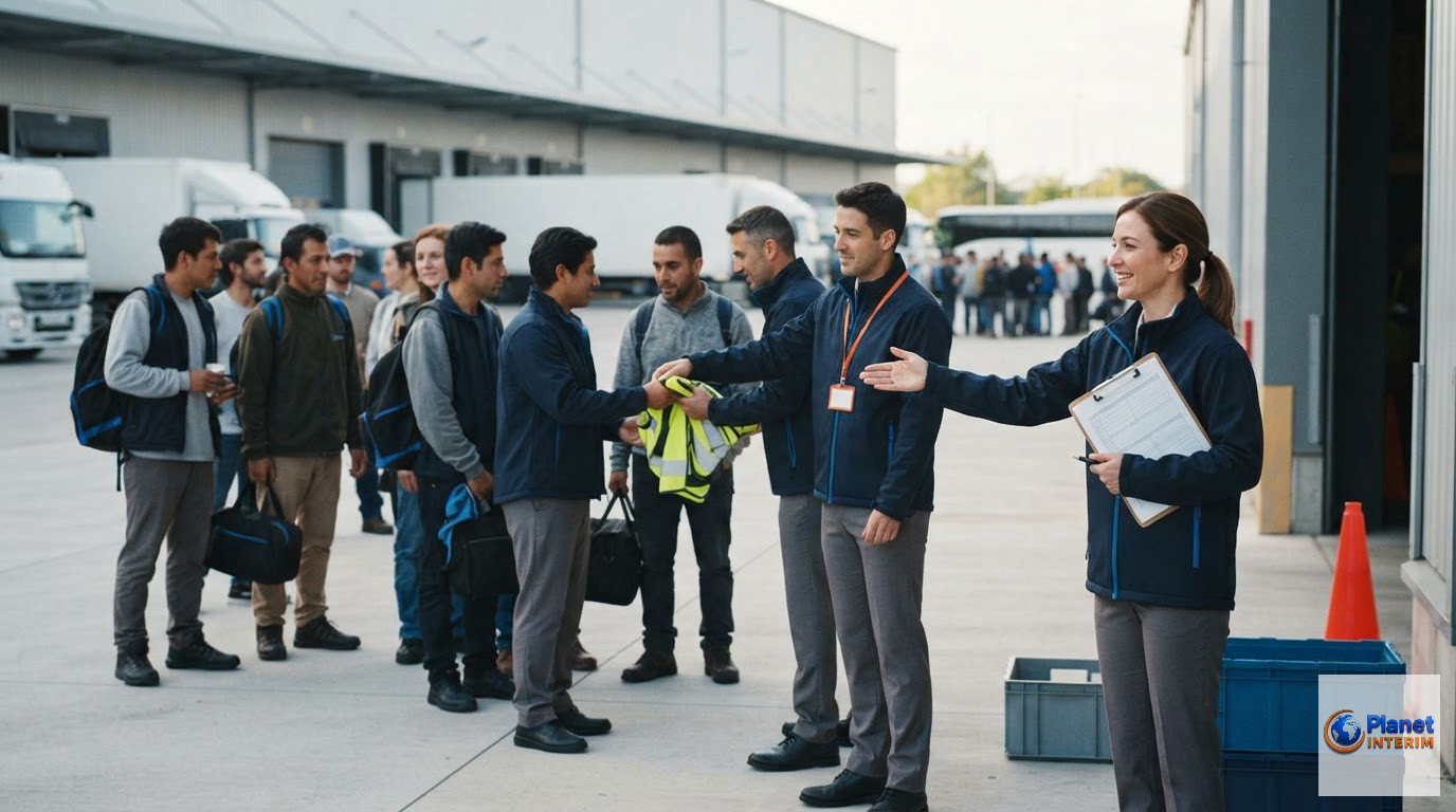 checklist transport arrivée 50 intérimaires - Équipe logistique accueillant des intérimaires devant un entrepôt pour leur arrivée.