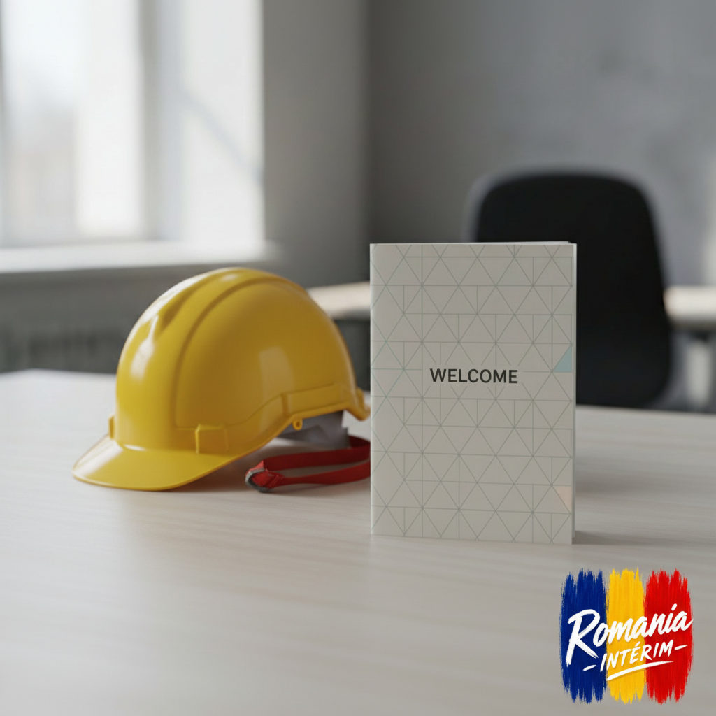 Livret d'accueil, casque et badge pour un nouvel intérimaire.
