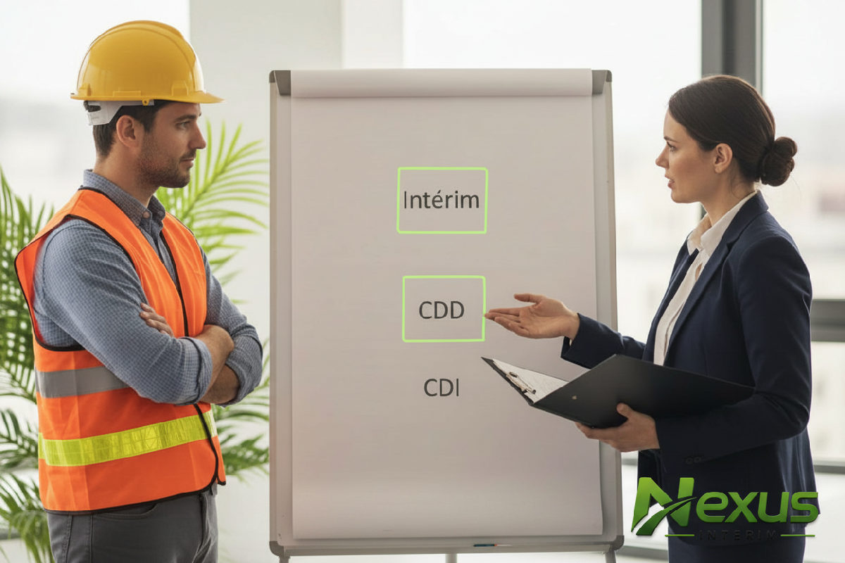 comment choisir entre intérim cdd et cdi - Professionnels discutant des contrats intérim, CDD et CDI.