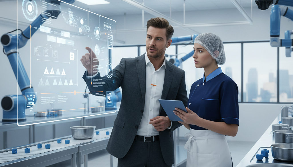Manager et ouvrier discutant de la production dans une cuisine industrielle high-tech.