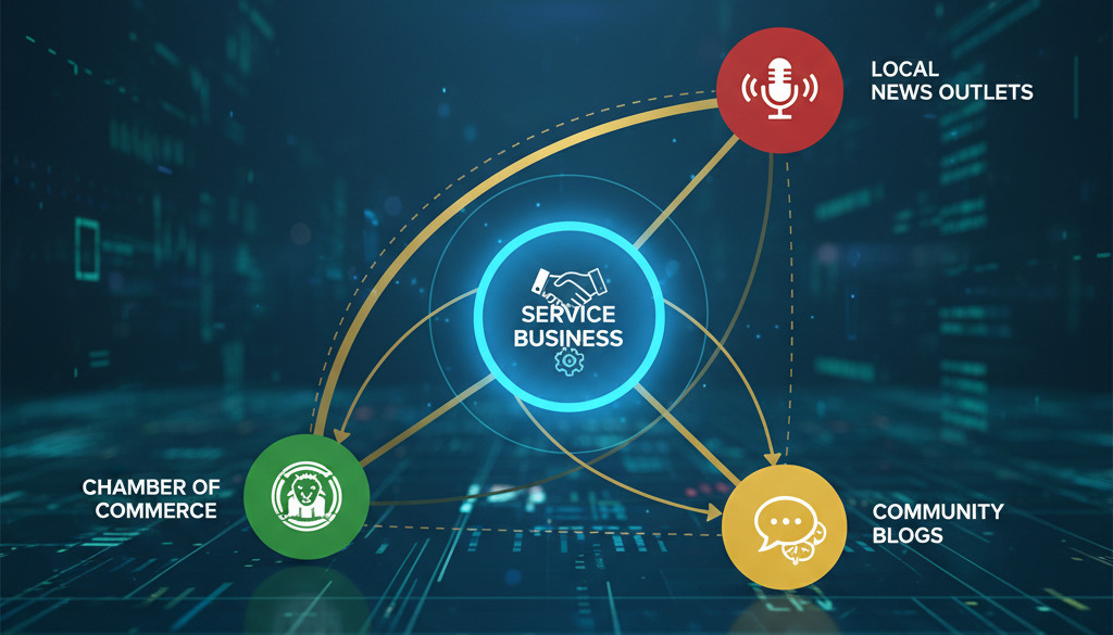Local link-building network connecting a business to community entities and media.