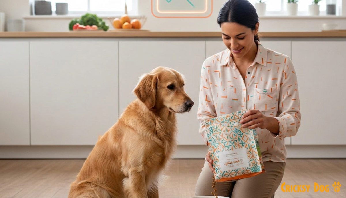 Besitzer füllt Napf mit speziellem Hundefutter.