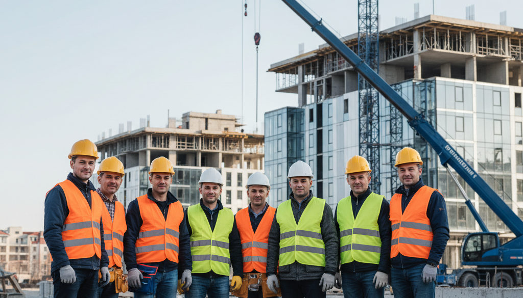 interim roumanie guide pratique recrutement - Travailleurs roumains qualifiés sur un chantier moderne.