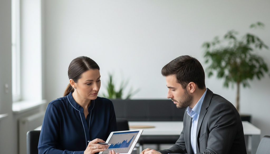 Recruteur en entretien avec un candidat roumain compétent.