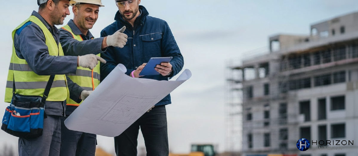Travailleurs roumains et ingénieur français discutant de plans.
