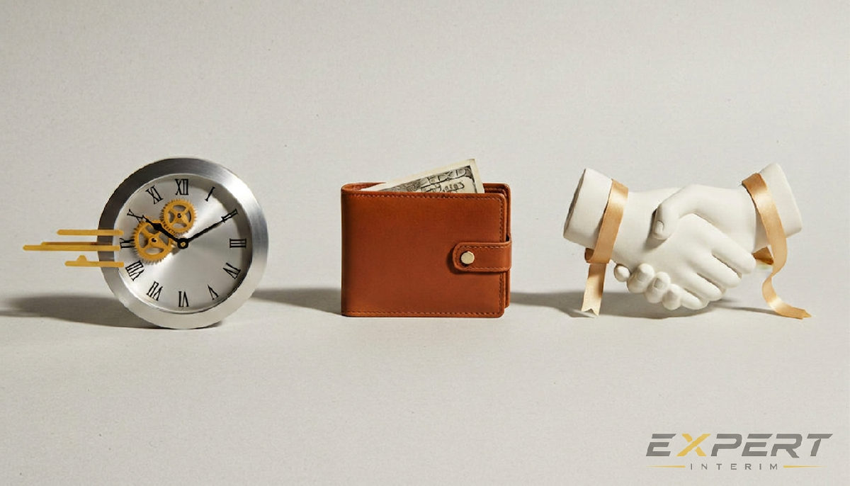 Infographie : horloge, portefeuille et poignée de main pour vitesse, économies et partenariat.