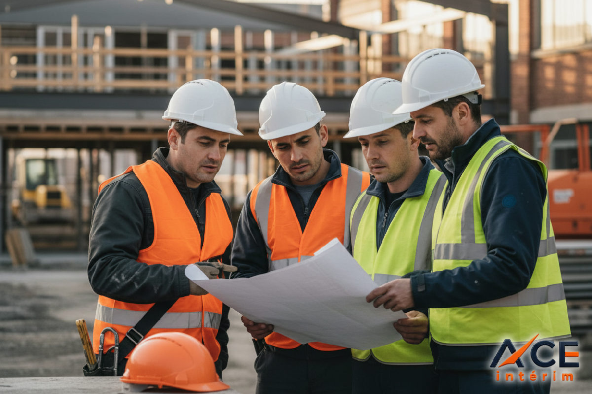 Groupe de travailleurs roumains souriants sur un site de construction.