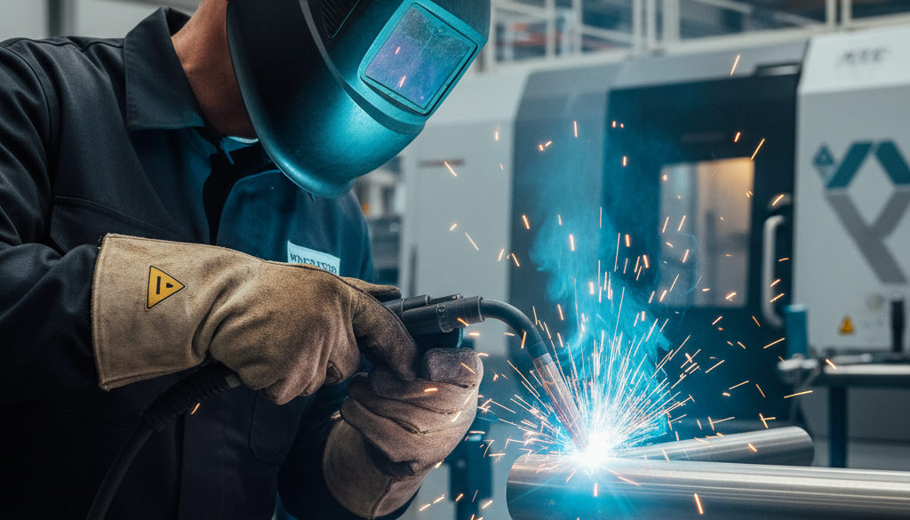 Ouvrier qualifié soudant avec précision dans une usine.