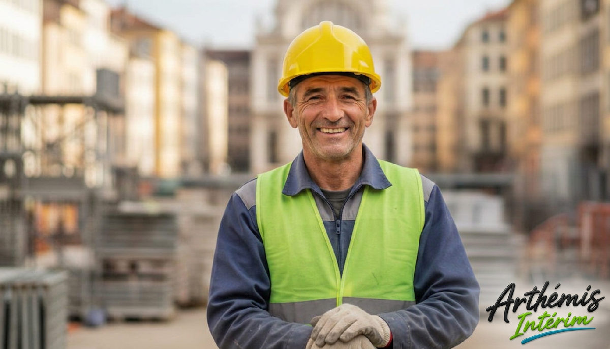 Maçon roumain souriant avec un casque sur un chantier lyonnais.