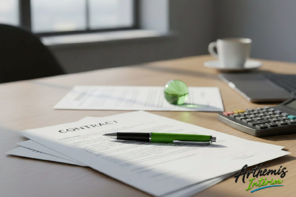 Bureau avec contrats, formulaire A1 et calculatrice pour salaire.