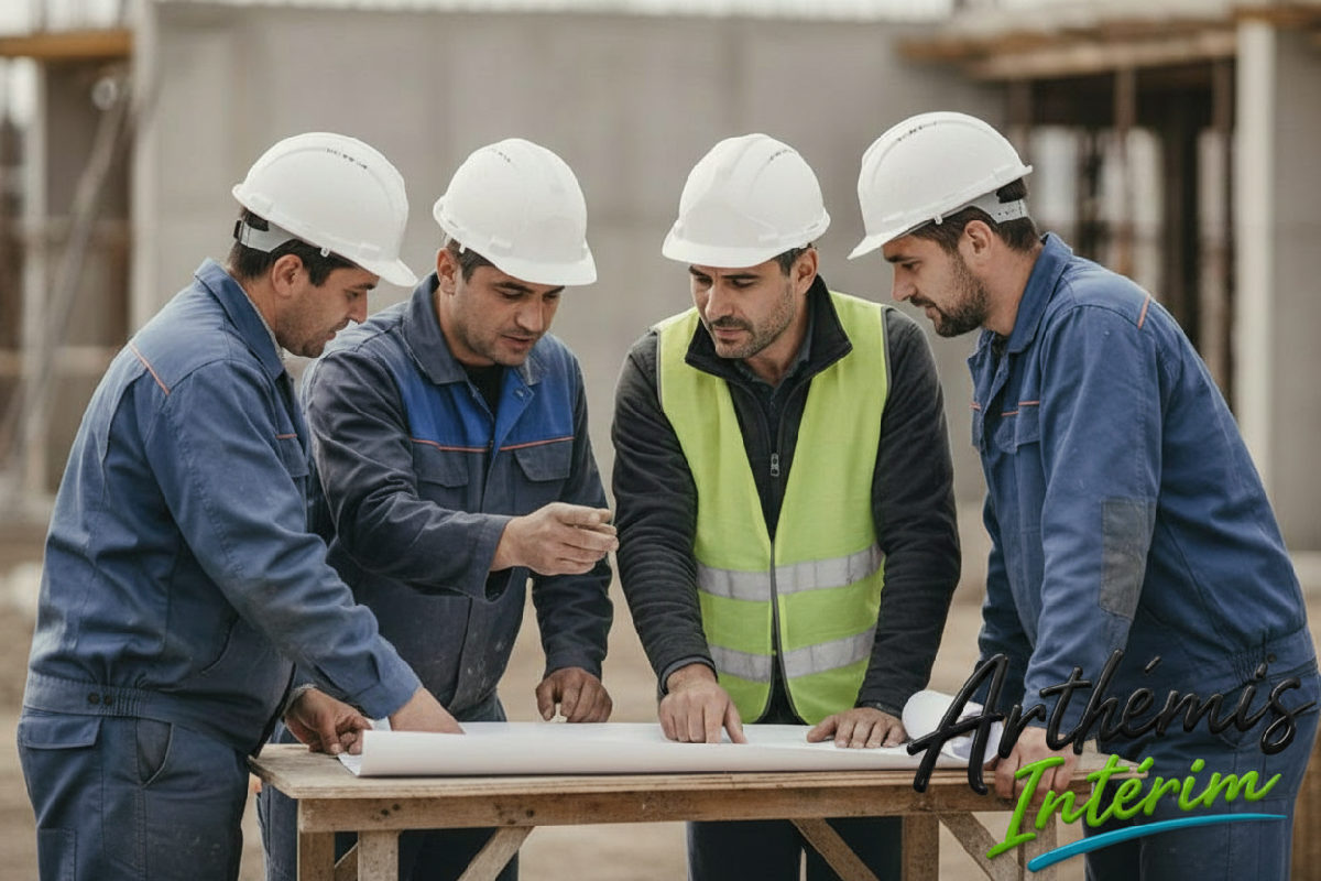 Ouvriers roumains et chef de chantier discutent plan.