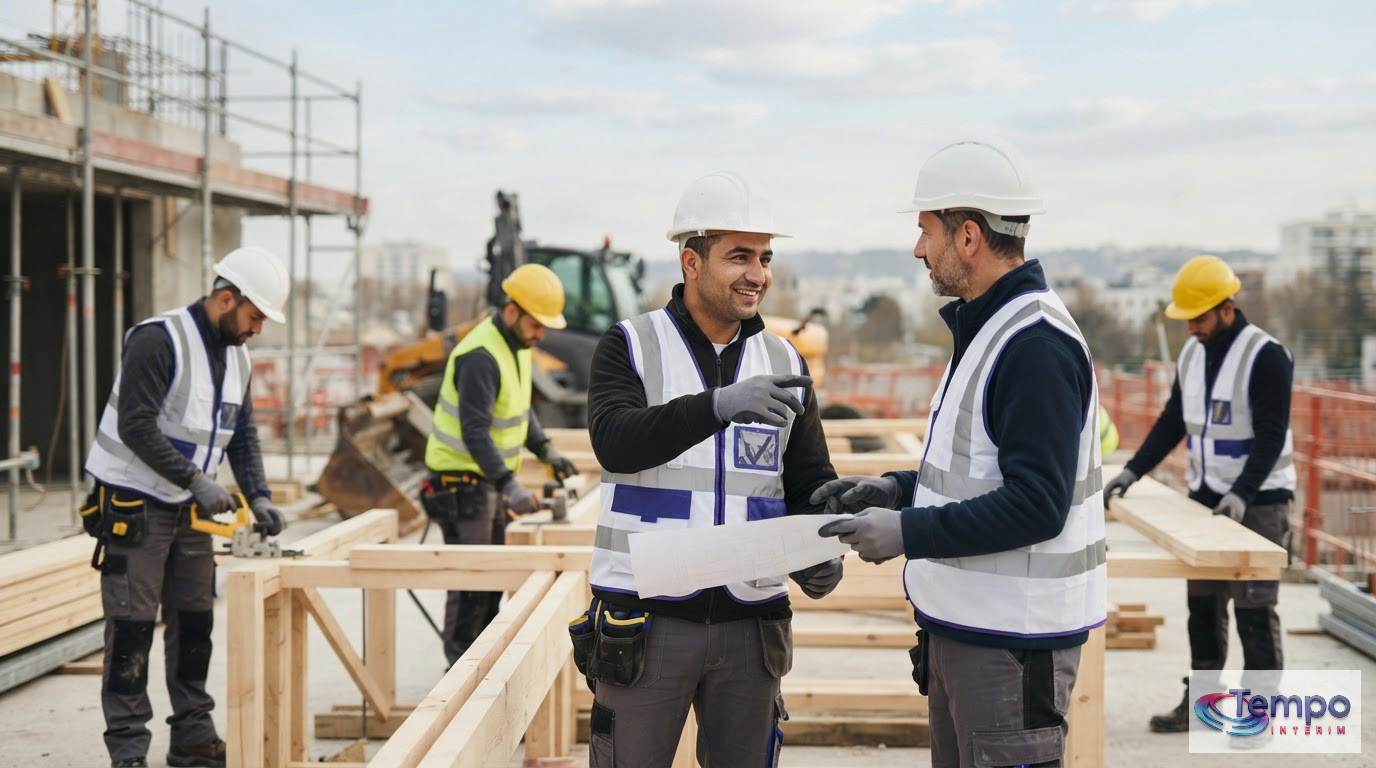 Un groupe d'ouvriers roumains en tenue de sécurité sur un chantier.
