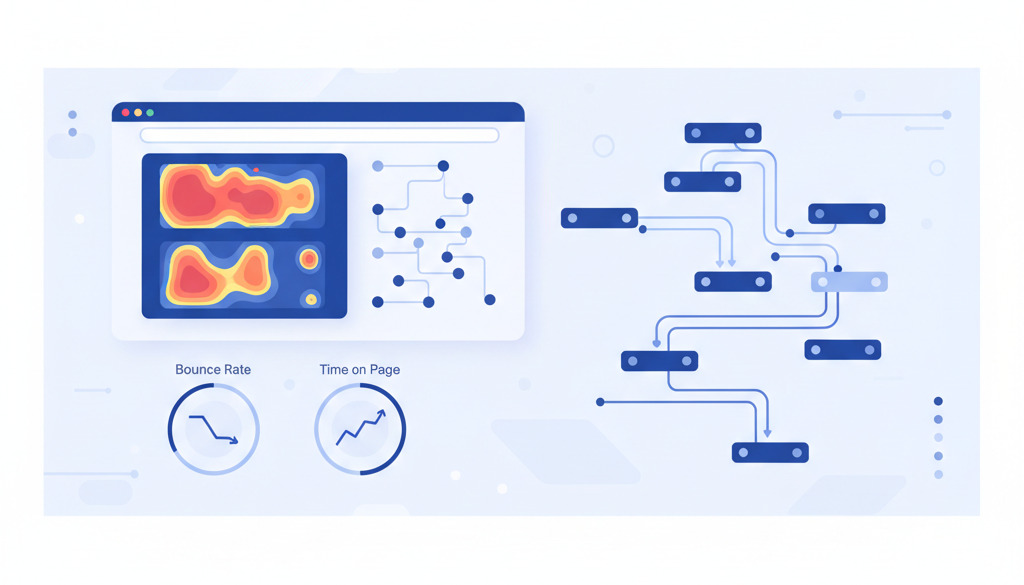 AI UX analytics dashboard with heatmaps and user flow charts.