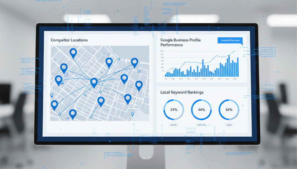 AI local SEO tool showing map, competitor pins, and GMB performance.
