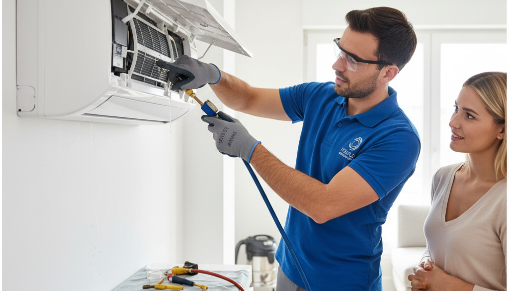 reparatii,service,igienizare,incarcare cu freon,de ce curge apa din aerul conditionat - Tehnician profesionist reparând un aparat de aer condiționat modern.