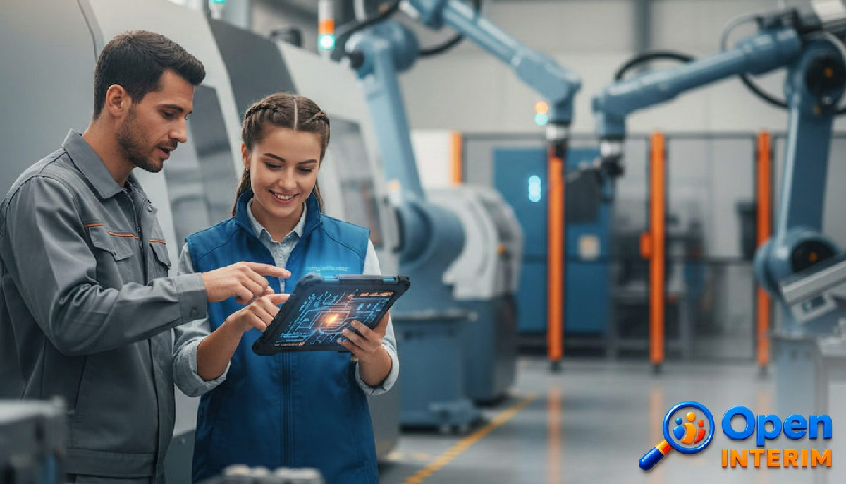Ingénieurs français et roumain travaillant sur une tablette dans une usine moderne.