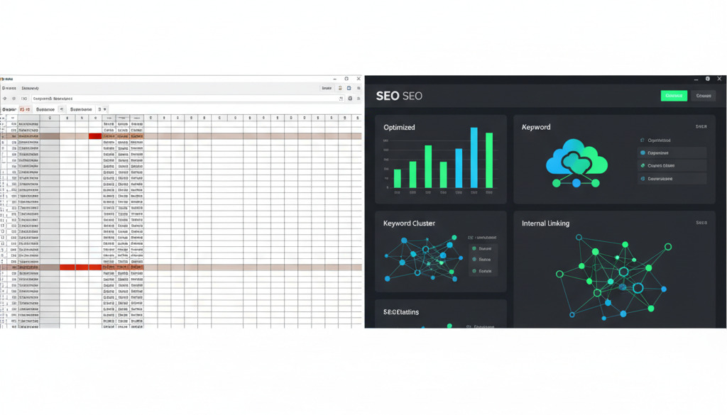 AI outperforms manual SEO with optimized dashboard vs. cluttered spreadsheet.