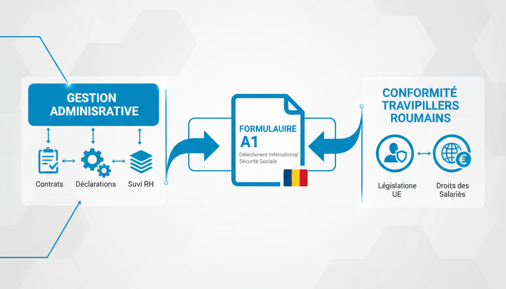 Infographie sur le formulaire A1 et la gestion des travailleurs détachés roumains.