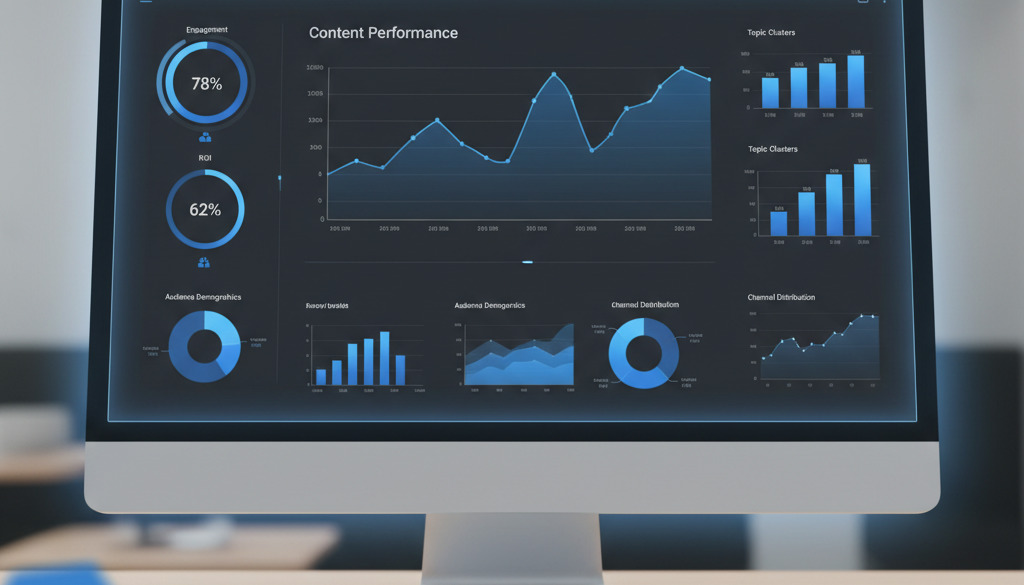 AI-powered content analytics dashboard displaying performance metrics and ROI.