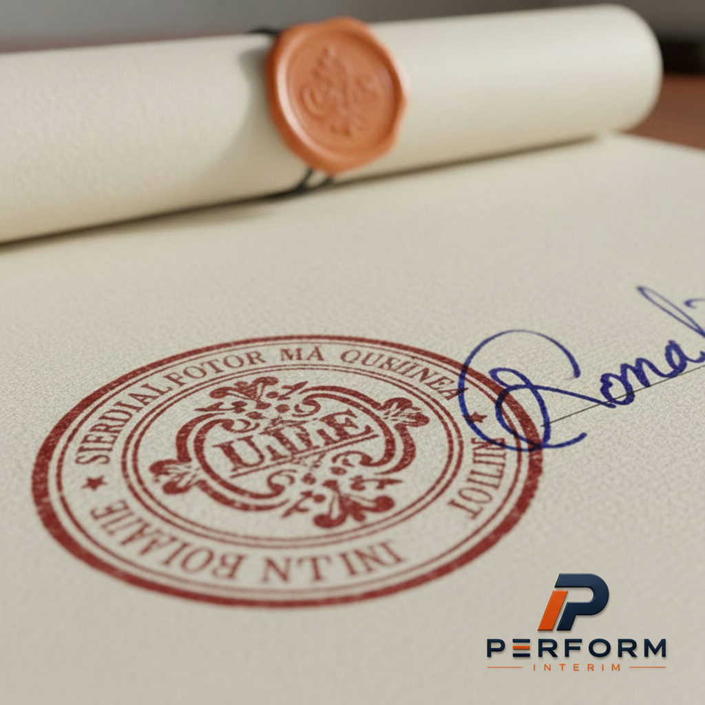 Gros plan sur un tampon et une signature sur un diplôme roumain.