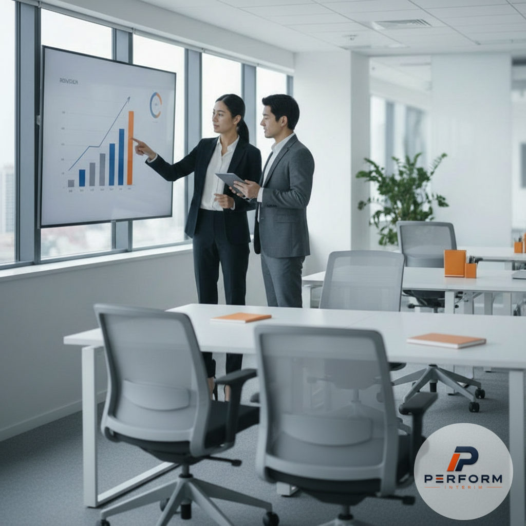 Professionnels discutant de recrutement international devant des statistiques.