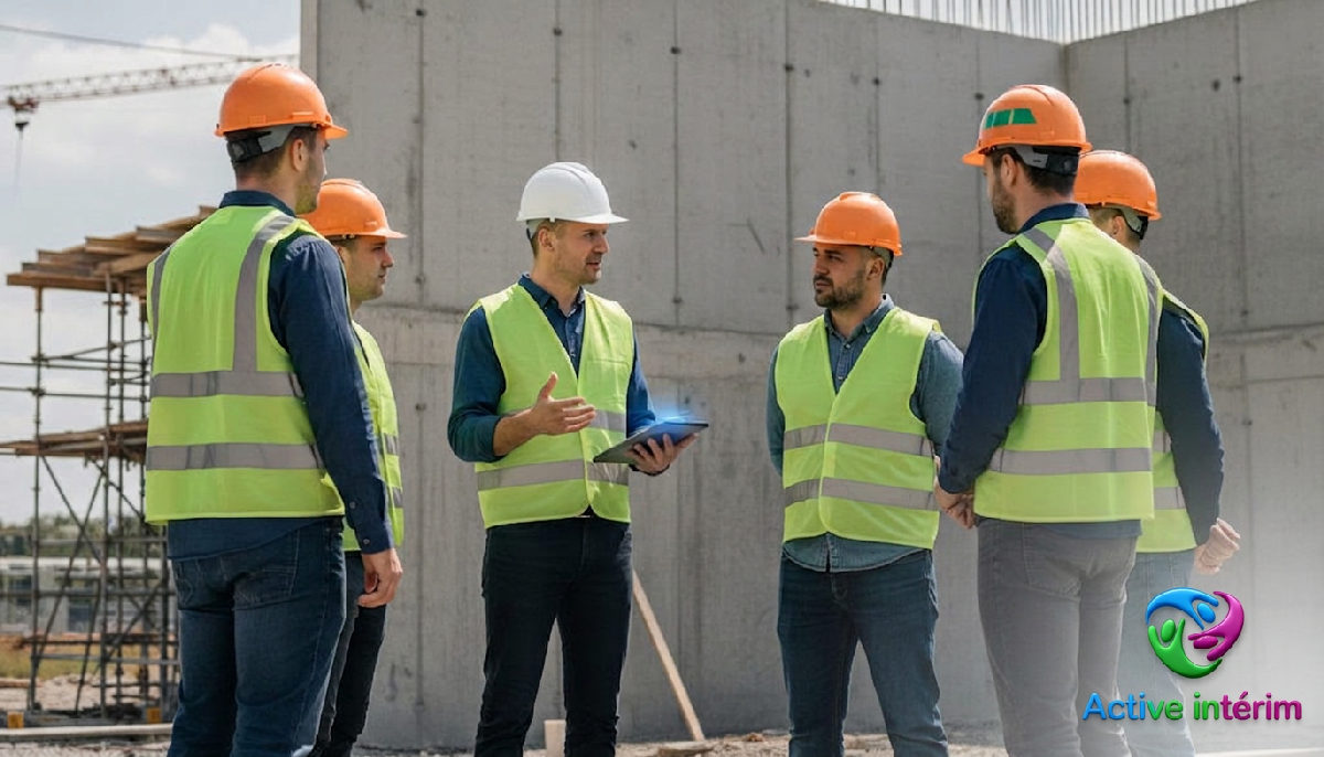 Responsable sécurité expliquant les procédures à des ouvriers sur chantier.