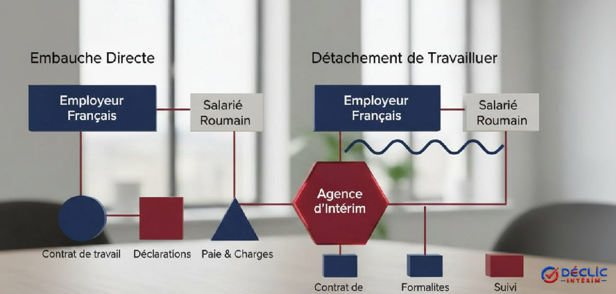 Infographie expliquant le détachement de travailleurs et l'embauche directe.
