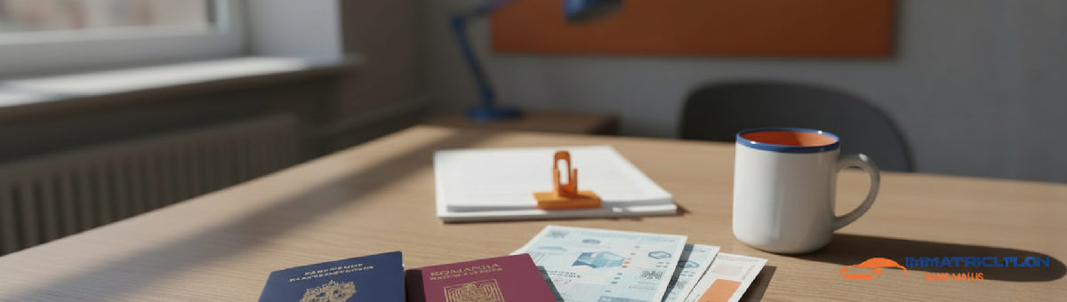 Passeport français, carte d'identité roumaine et factures de services publics sur une table.