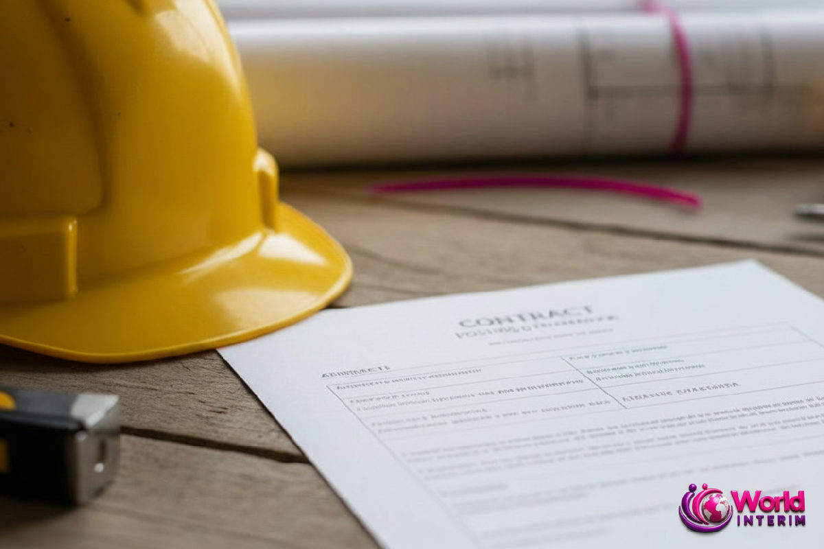 Contrat de travail européen bilingue sur une table de chantier.