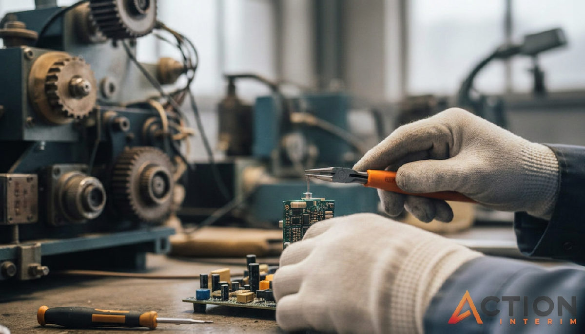 Main d'un technicien roumain utilisant des outils dans un atelier.