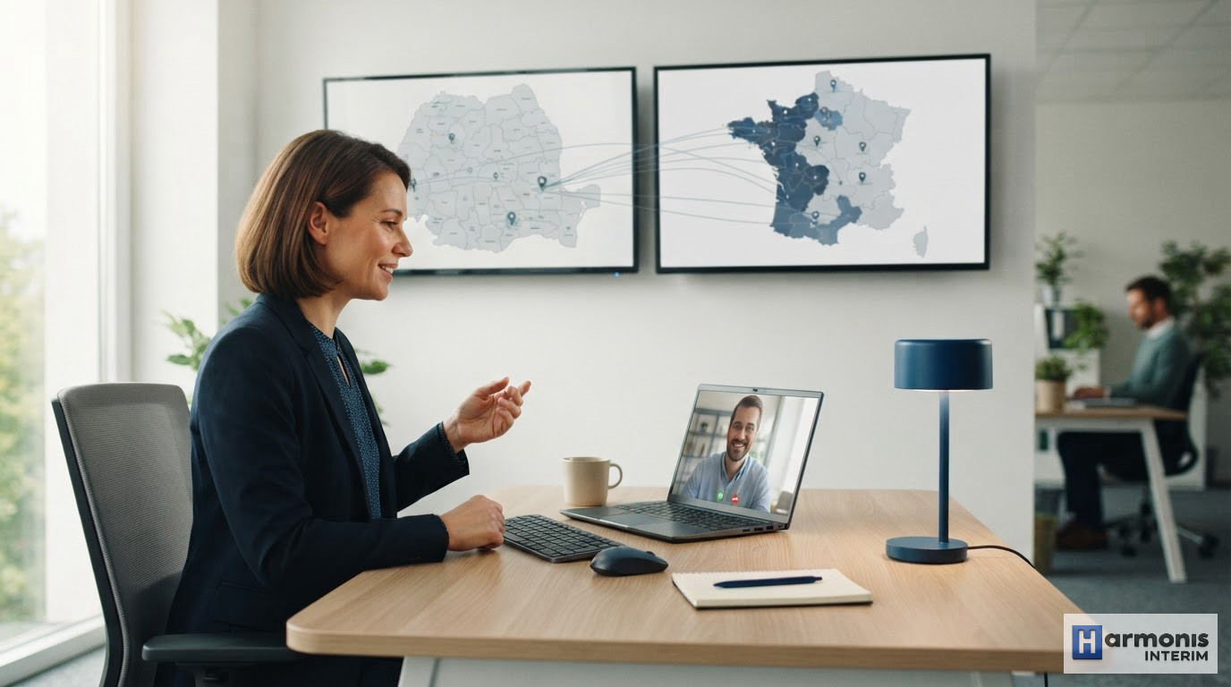 Un bureau de recrutement moderne affichant les cartes de France et Roumanie.