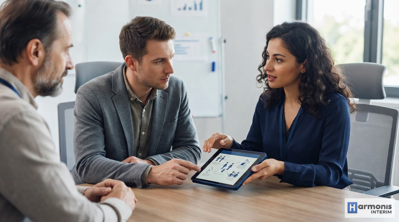 Une équipe multiculturelle utilisant une tablette pour une formation à la sécurité.