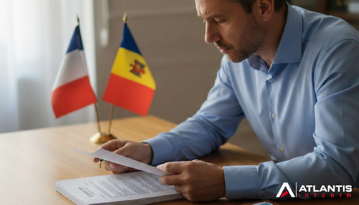 quel contrat pour détacher intérim roumanie en france - Gestionnaire RH examinant un contrat, drapeaux France et Roumanie.