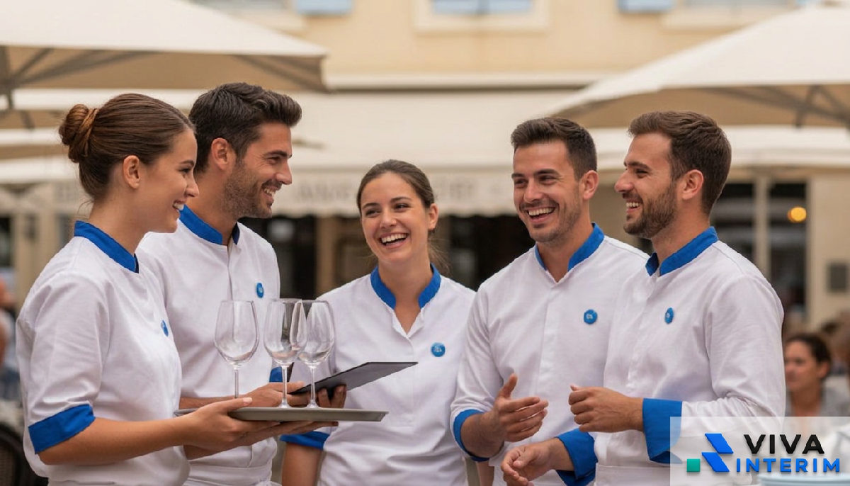 Personnel de restaurant souriant, y compris des travailleurs roumains en été.