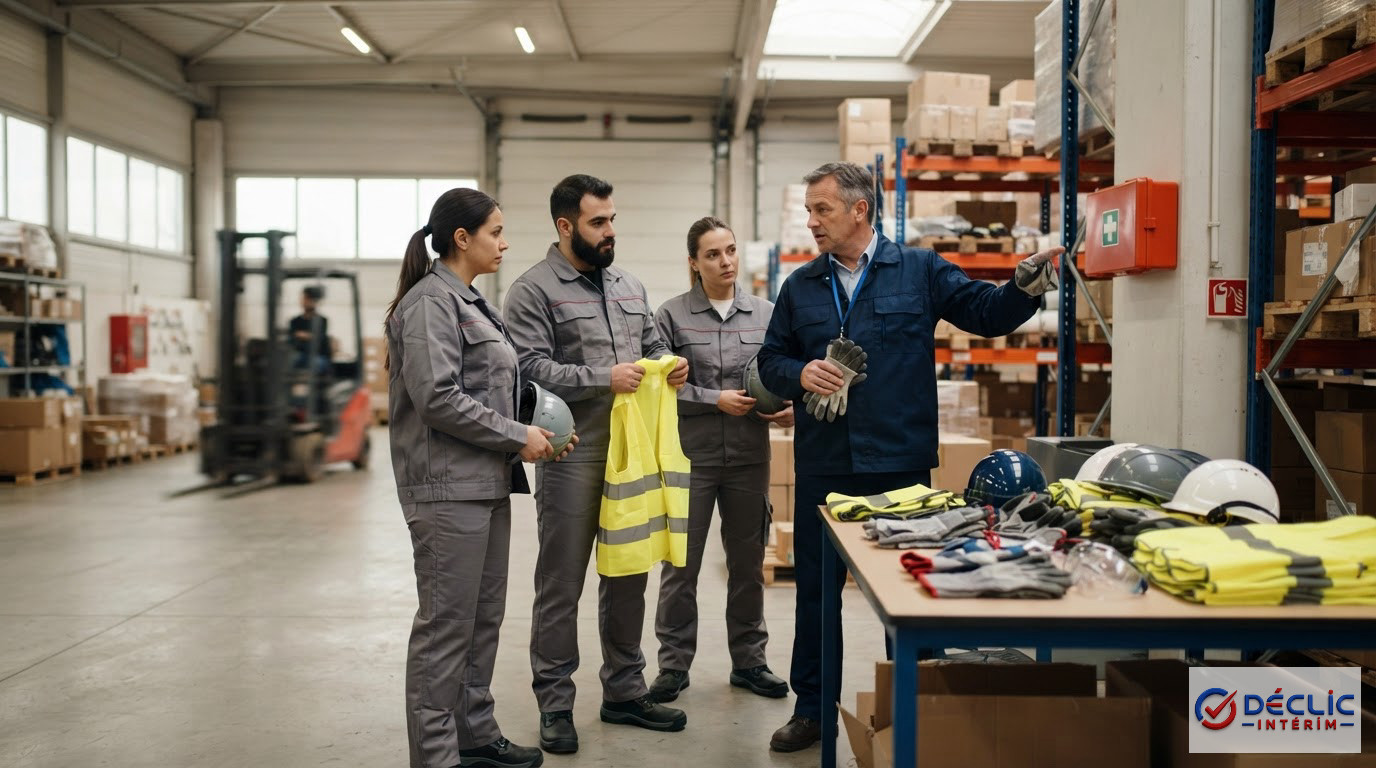 Travailleurs roumains recevant leurs consignes et équipements lors de leur intégration.