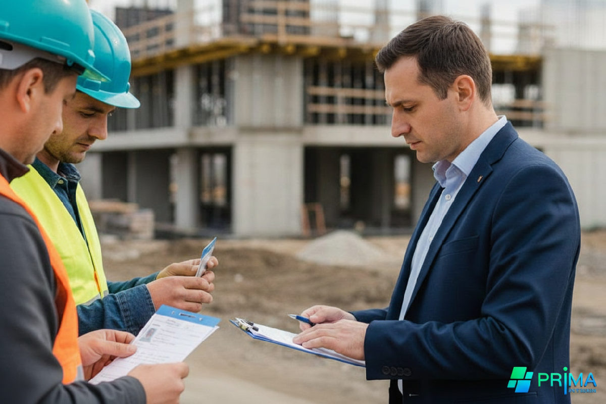 Inspecteur vérifiant des documents sur un chantier.