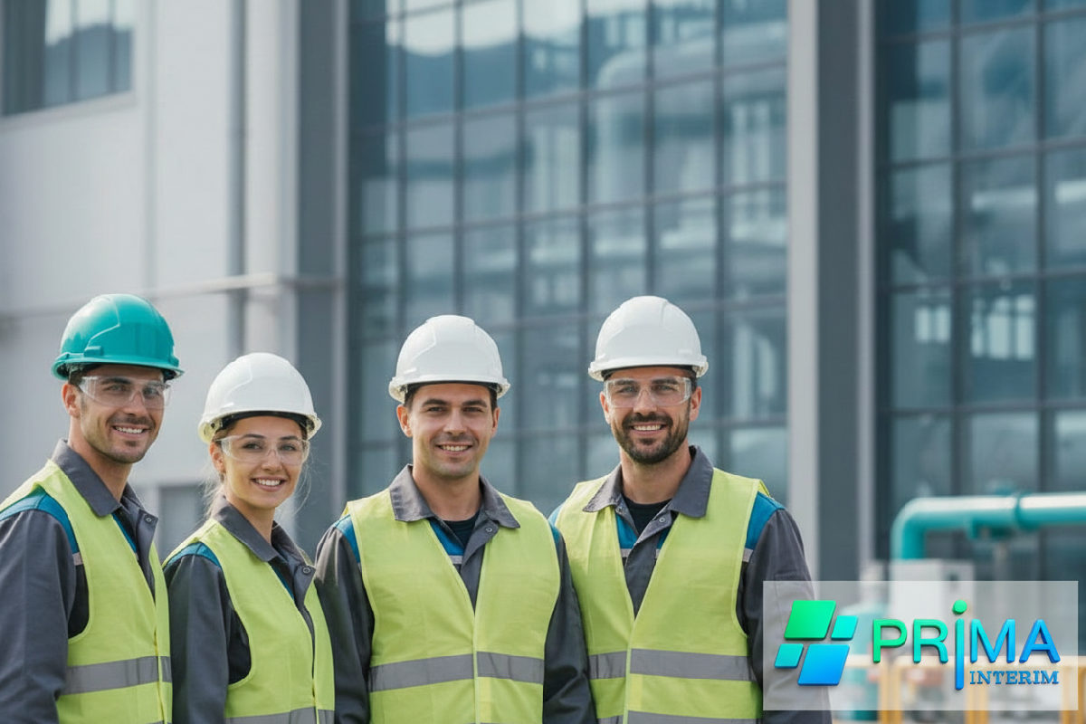 Travailleurs roumains souriants sur un site industriel.