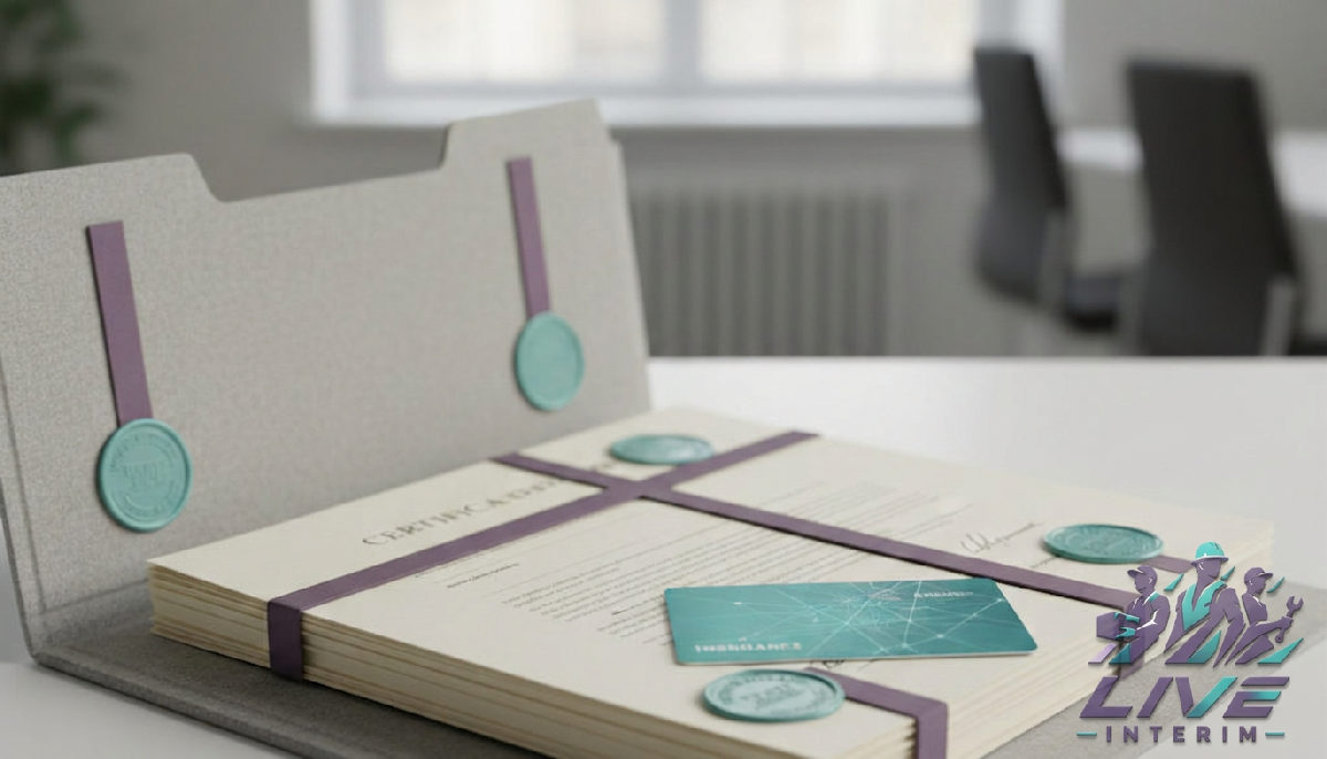 Dossier administratif avec documents, sceaux et carte d'assurance.