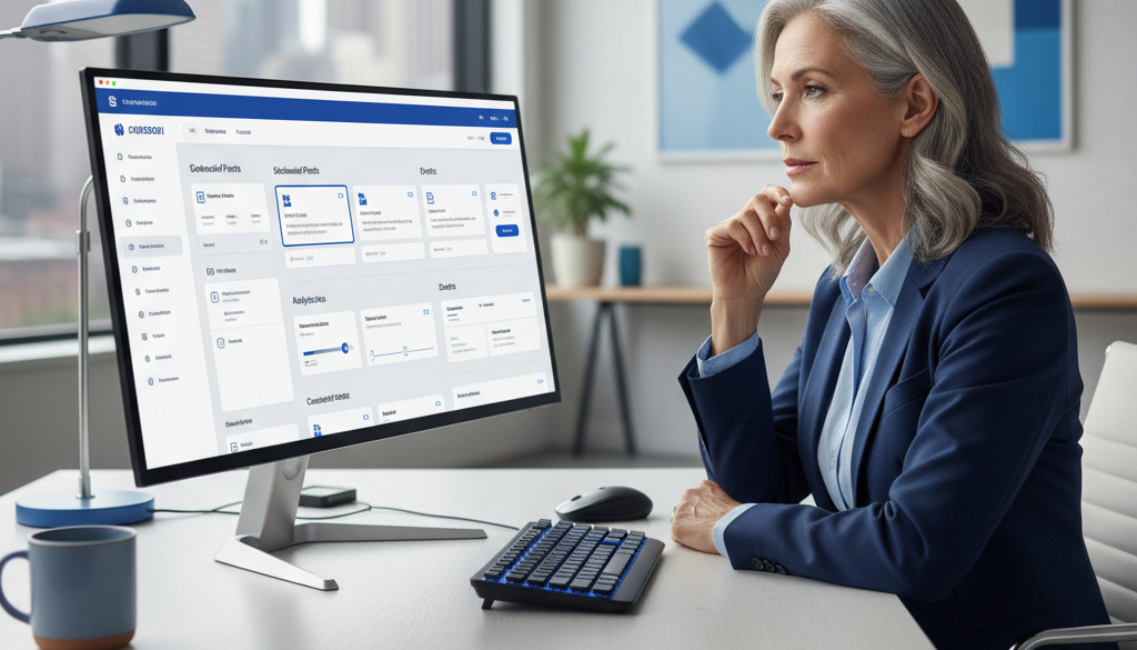 Business owner reviews user-friendly content automation software interface.