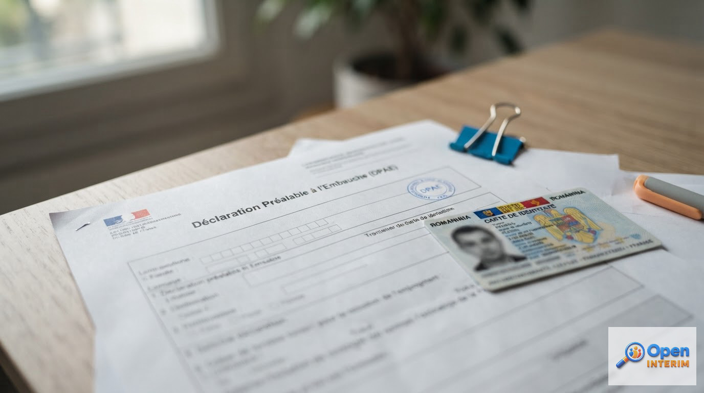 DPAE et carte d'identité roumaine posées sur une table de bureau.