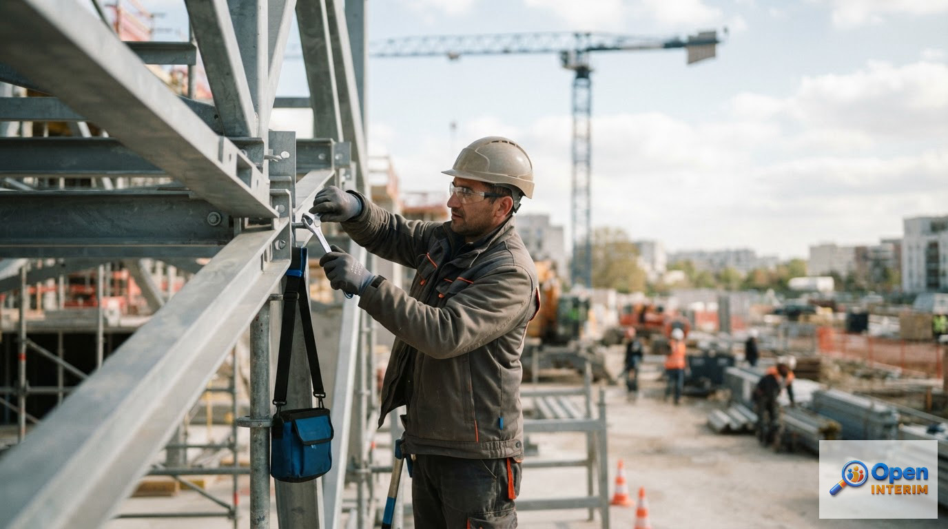 Ouvriers qualifiés sur une structure métallique d'un chantier en Île-de-France.