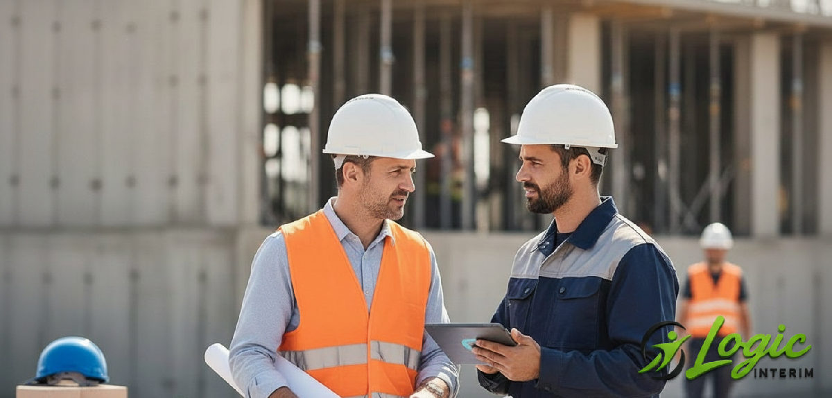 comment logicinterim gère intérimaires roumains - Un chef de chantier français supervise un ouvrier roumain sur un chantier.