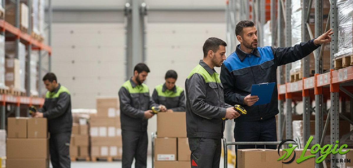 Des préparateurs de commandes roumains travaillent dans un entrepôt moderne.