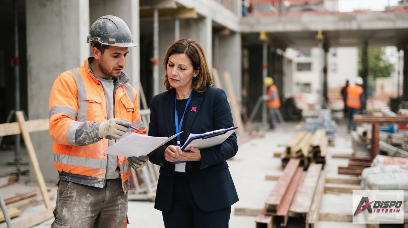 Un agent de contrôle vérifiant les documents d'un ouvrier sur un chantier.