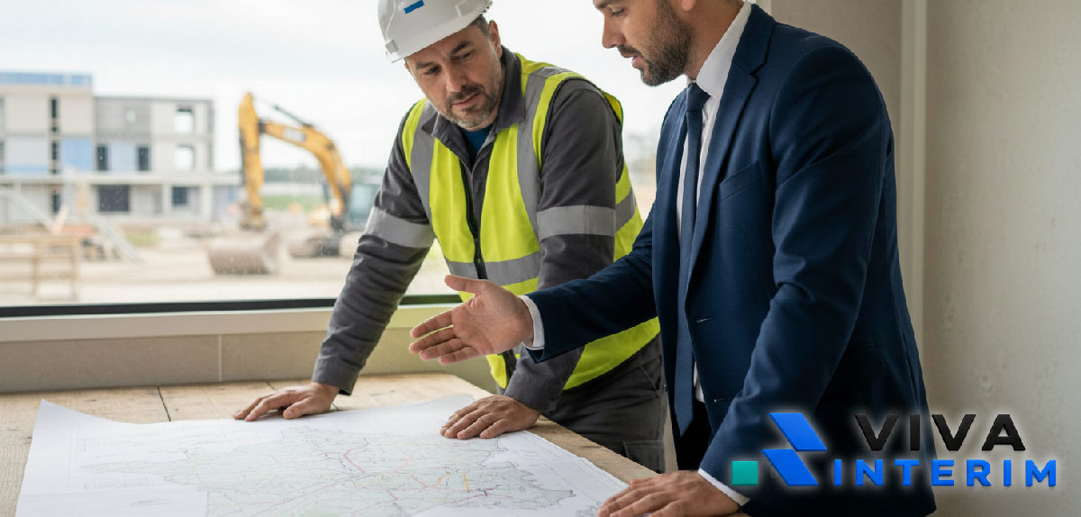 Consultant Viva Interim expliquant le plan de transport à un chef de chantier.