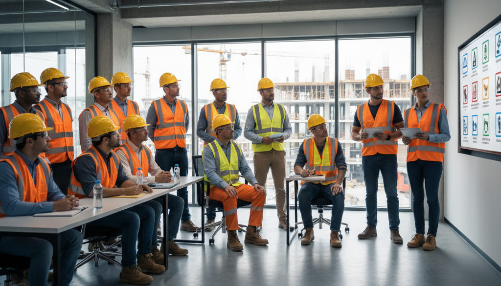 Ouvriers en formation sur la sécurité, avec des instructions multilingues.